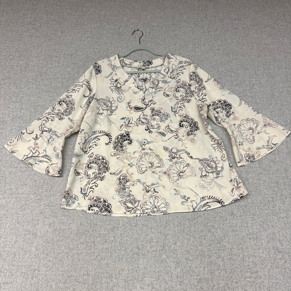 Dana Buchman Blouse XL Cream Paisley Floral Bell Sleeve V-Neck Stretch Top